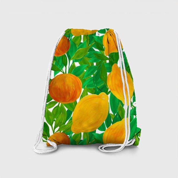 Рюкзак «Лимоны и персики на зеленой листве нарисованные гуашью»