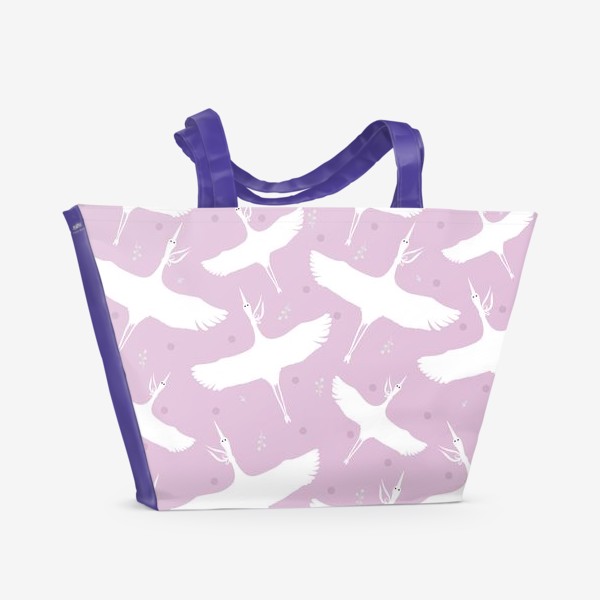 Пляжная сумка «Белые журавли на розовом фоне»