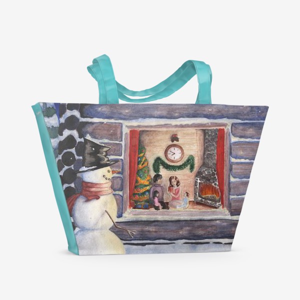 Пляжная сумка «Новогодний вечер снеговик»