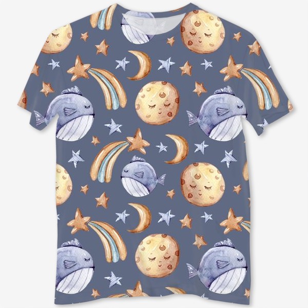 Футболка с полной запечаткой «Морской паттерн. Луна, звезды, комета, рыбы. Летний паттерн. Принт для детской одежды.»