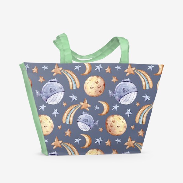 Пляжная сумка «Морской паттерн. Луна, звезды, комета, рыбы. Летний паттерн. Принт для детской одежды.»