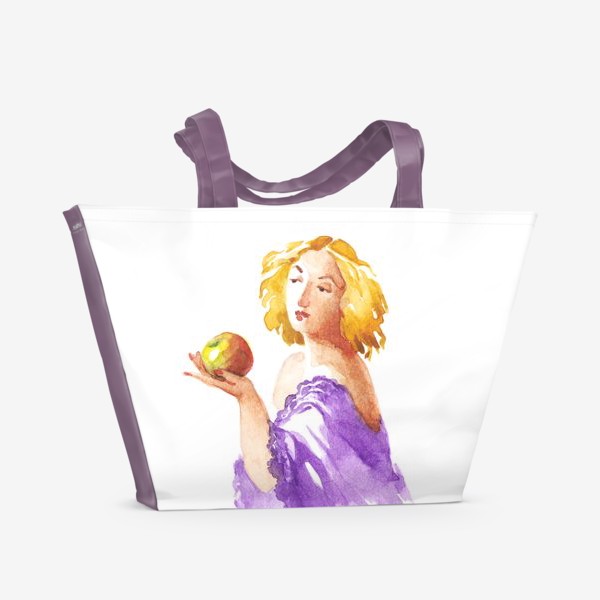 Пляжная сумка «Девушка с яблоком в фиолетовом платье, ретро, винтаж»