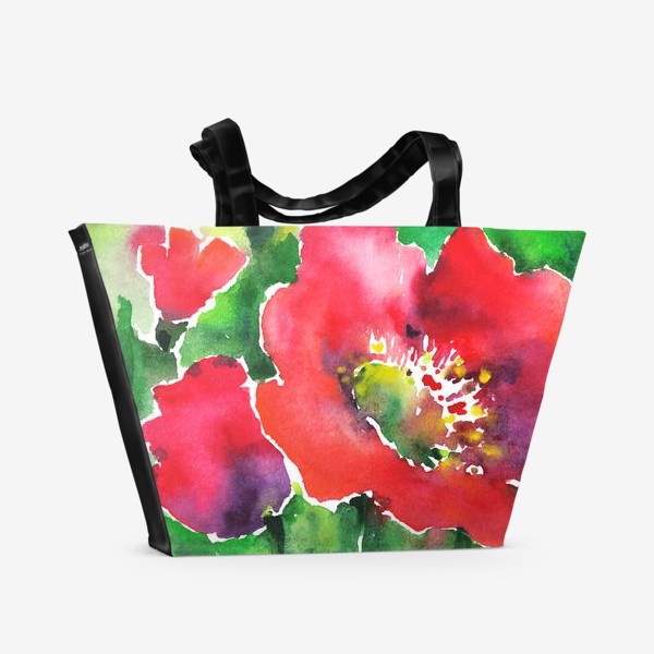 Пляжная сумка «Красный цветок мак, акварельная иллюстрация, природа, цветы»