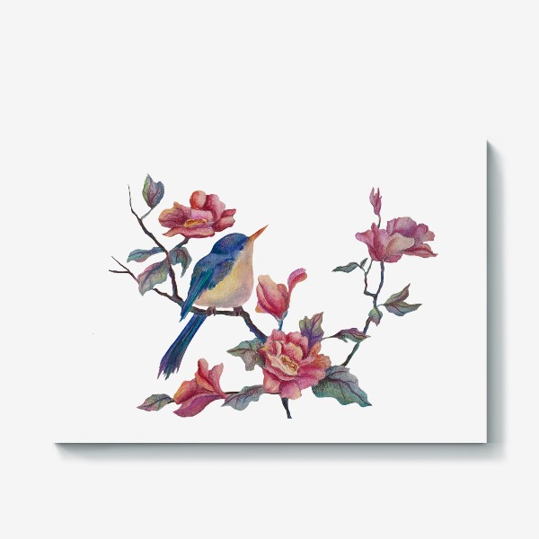 Холст &laquo;Акварельные цветы с птицей&raquo;
