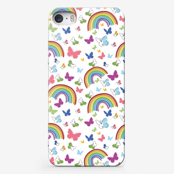 Чехол iPhone «Бабочки и радуга.Бесшовный летний паттерн с разноцветными бабочками.»