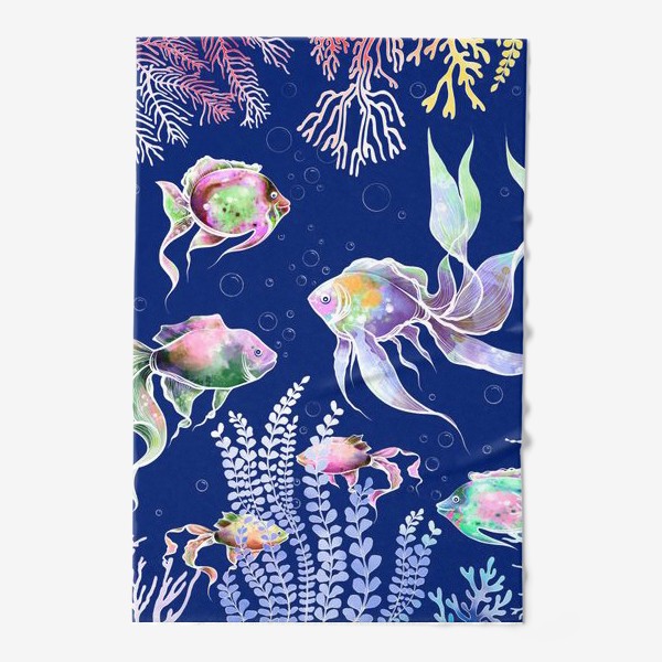 Полотенце «Акварельные рыбки и водоросли на темно синем фоне»