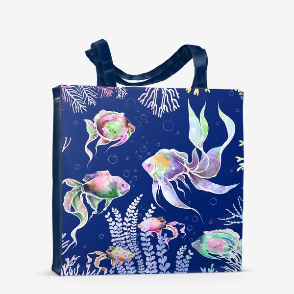 Сумка-шоппер «Акварельные рыбки и водоросли на темно синем фоне»