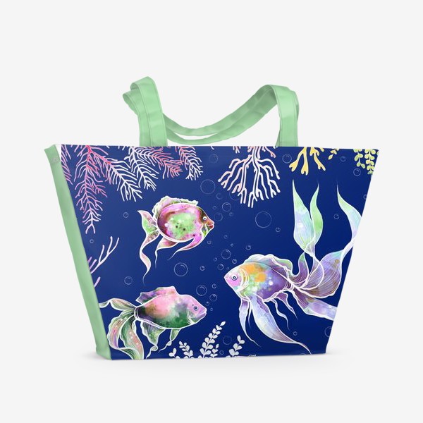 Пляжная сумка «Акварельные рыбки и водоросли на темно синем фоне»