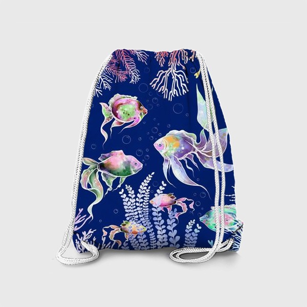 Рюкзак «Акварельные рыбки и водоросли на темно синем фоне»