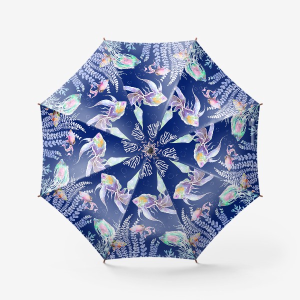 Зонт «Акварельные рыбки и водоросли на темно синем фоне»