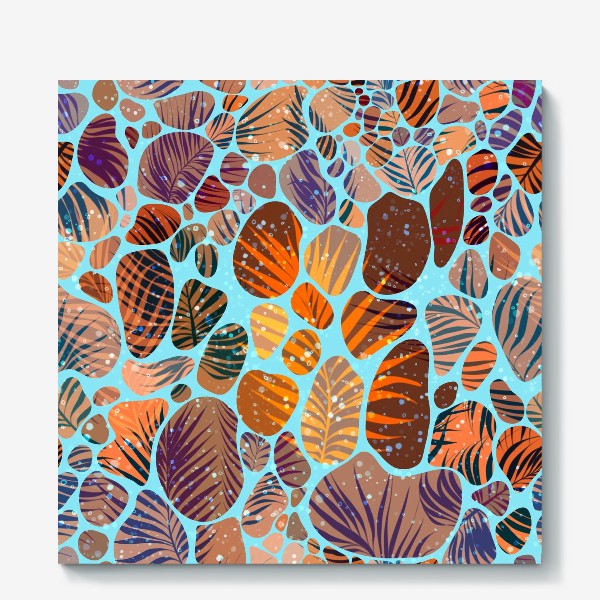 Холст &laquo;Разноцветные камушки, песок и пальмовые листья на голубом фоне&raquo;