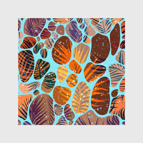 Шторы &laquo;Разноцветные камушки, песок и пальмовые листья на голубом фоне&raquo;