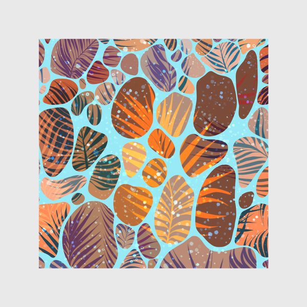 Скатерть &laquo;Разноцветные камушки, песок и пальмовые листья на голубом фоне&raquo;