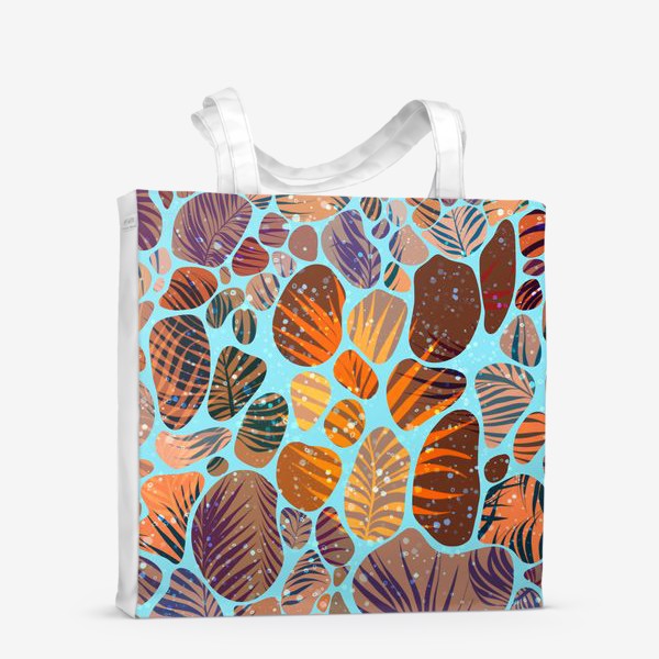 Сумка-шоппер «Разноцветные камушки, песок и пальмовые листья на голубом фоне»