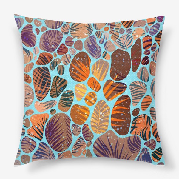 Подушка «Разноцветные камушки, песок и пальмовые листья на голубом фоне»