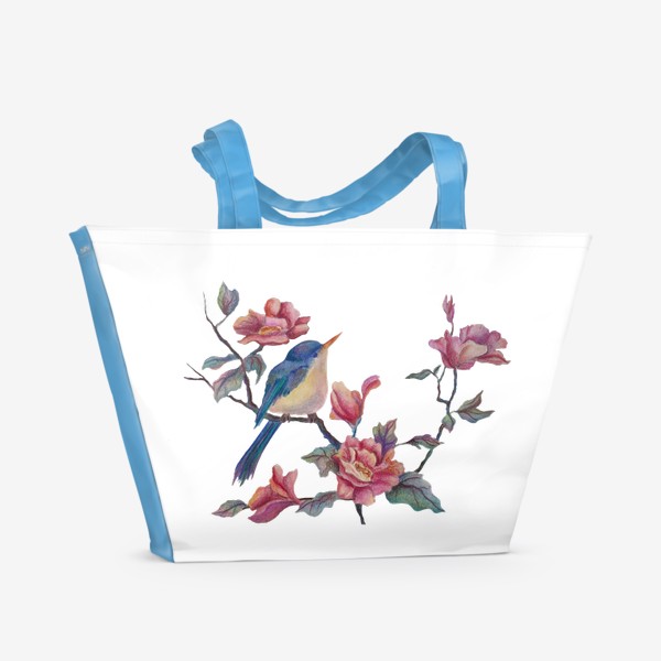 Пляжная сумка &laquo;Акварельные цветы с птицей&raquo;