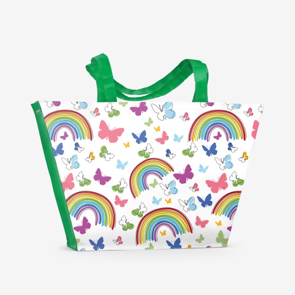 Пляжная сумка «Бабочки и радуга.Бесшовный летний паттерн с разноцветными бабочками.»