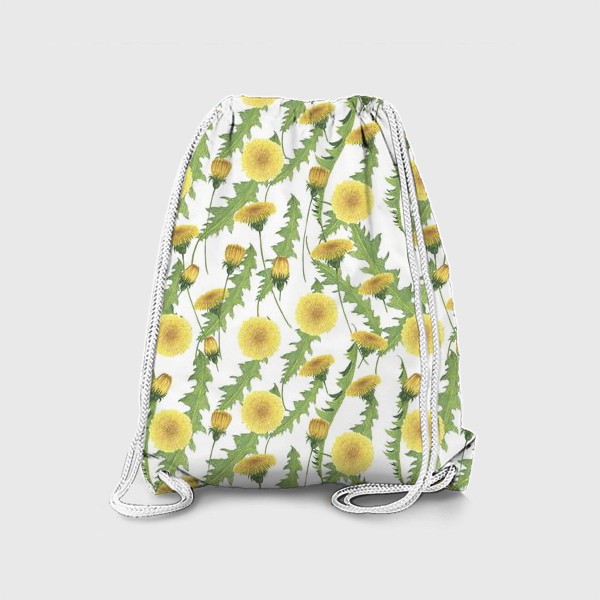 Рюкзак «Листья и цветы одуванчиков на белом фоне (из серии паттернов с одуванчиками)»