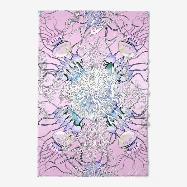 Полотенце «Акварельные разноцветные медузы с белыми водорослями»