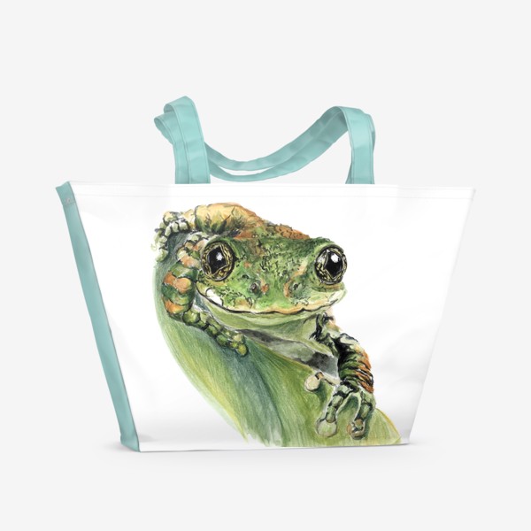 Пляжная сумка «Зеленая лягушка на листе улыбается»