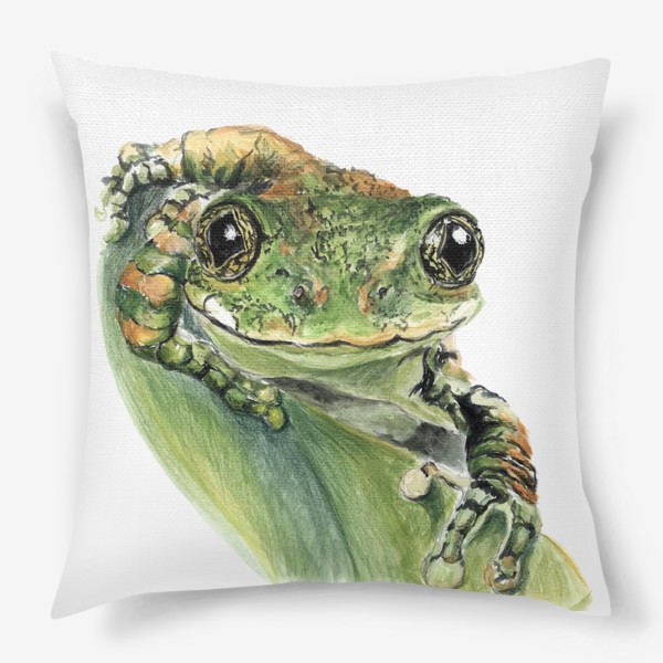 Подушка «Зеленая лягушка на листе улыбается»