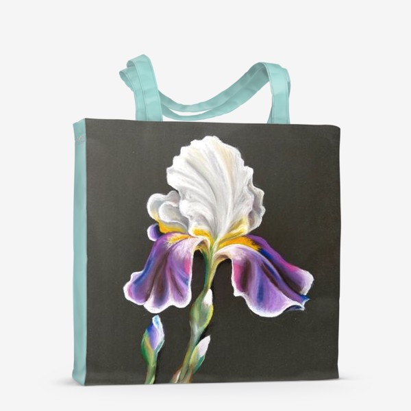 Сумка-шоппер «Бело-фиолетовый цветок, Ирис сухой пастелью на темном фоне»