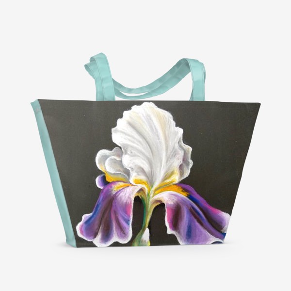 Пляжная сумка «Бело-фиолетовый цветок, Ирис сухой пастелью на темном фоне»