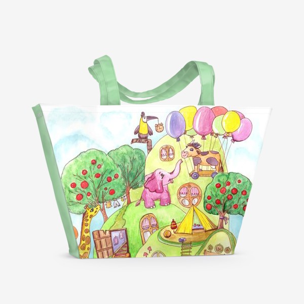 Пляжная сумка «Жирафик, черепашка, слоник и птичка.»