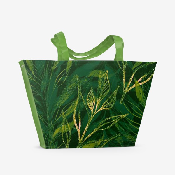 Пляжная сумка «Роскошный паттерн с листьями и золотыми веточками»