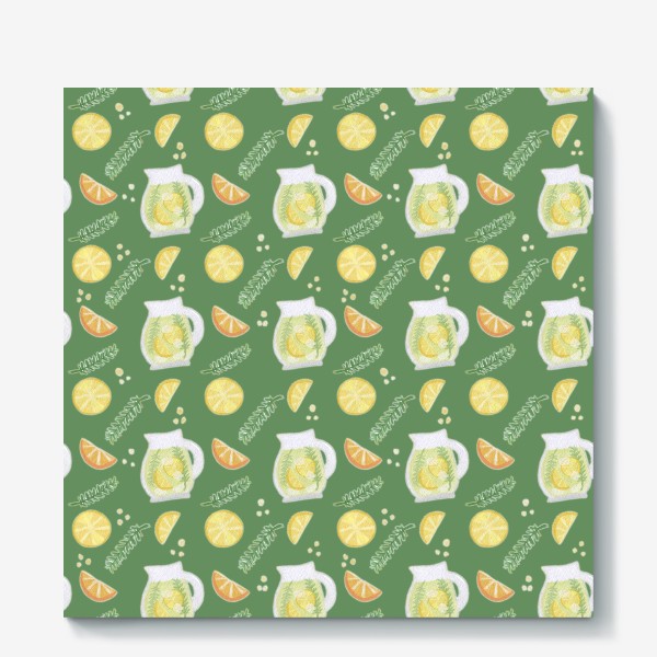 Холст «Лимонад с апельсинами и лимонами на зеленом фоне»