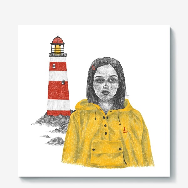Холст «Девочка в желтом дождевике на фоне маяка»
