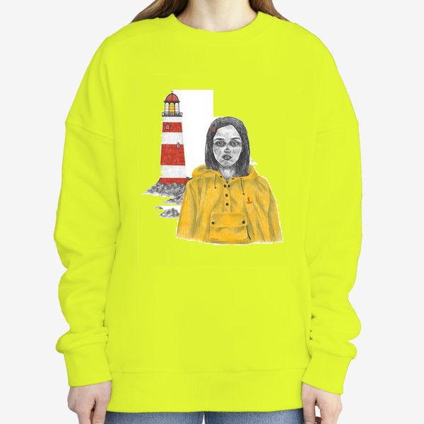 Свитшот «Девочка в желтом дождевике на фоне маяка»