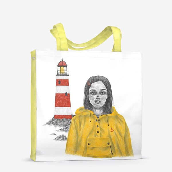 Сумка-шоппер «Девочка в желтом дождевике на фоне маяка»