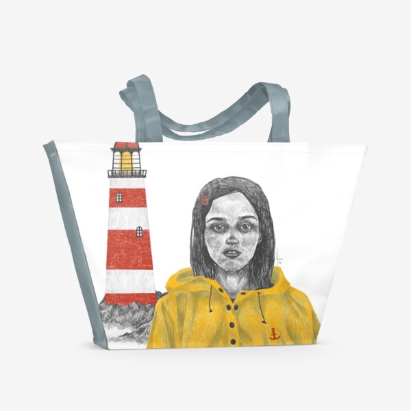 Пляжная сумка «Девочка в желтом дождевике на фоне маяка»