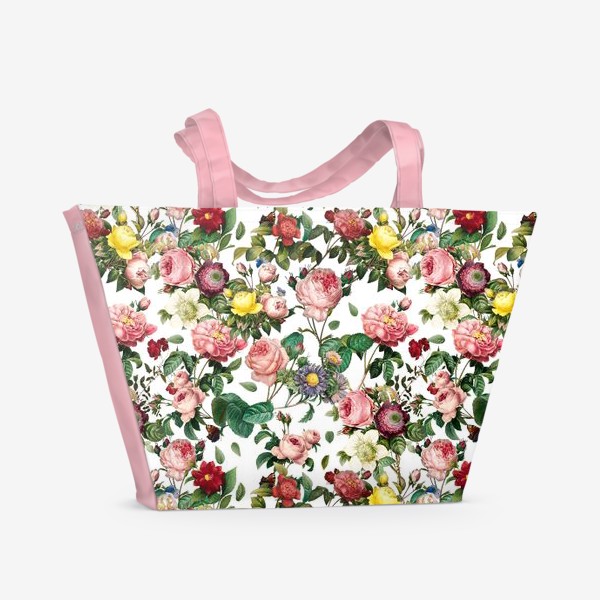Пляжная сумка «Узор из разноцветных цветов на белом»