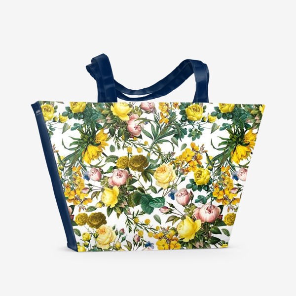 Пляжная сумка «Узор из жёлтых и розовых роз на белом»