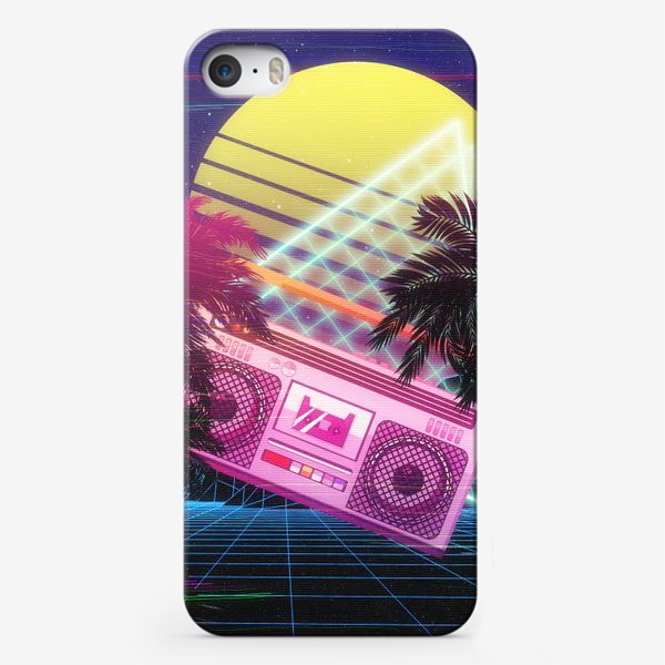 Чехол iPhone «Пляж, пальмы и розовый бумбокс»