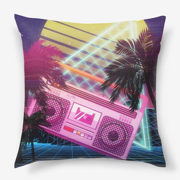 Подушка «Пляж, пальмы и розовый бумбокс»