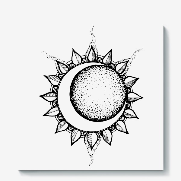 Холст &laquo;затмение луны поверх солнца, серп месяца и мандала солнца черно белый рисунок &raquo;
