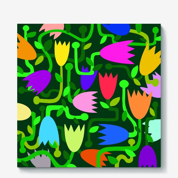 Холст «Узор абстракция цветы разноцветные на темно-зеленом фоне»