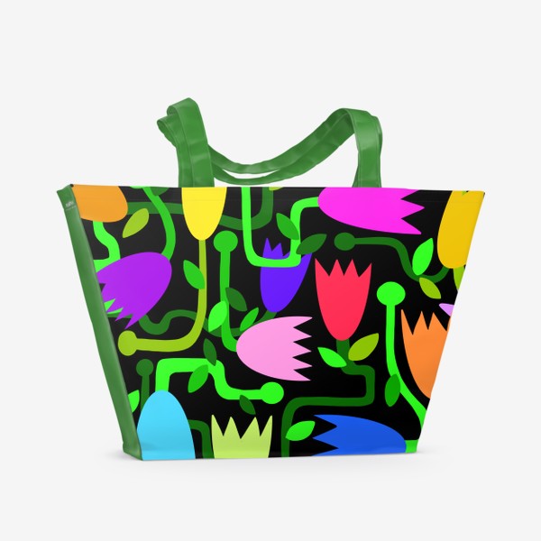 Пляжная сумка «Узор цветы абстракция разноцветные на чёрном фоне»