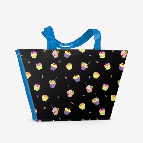 Пляжная сумка «сладкий паттерн с пирожными и панкейками на чёрном фоне»