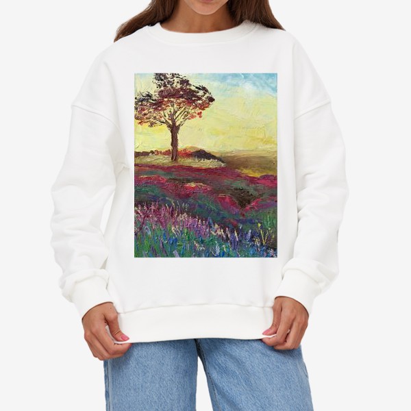 Свитшот «Закат в провансе. Пейзаж с деревом, лавандовыми полями и закатным небом»