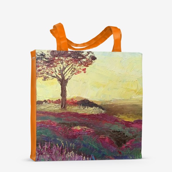 Сумка-шоппер «Закат в провансе. Пейзаж с деревом, лавандовыми полями и закатным небом»