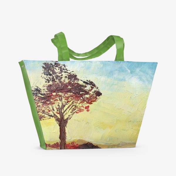 Пляжная сумка «Закат в провансе. Пейзаж с деревом, лавандовыми полями и закатным небом»