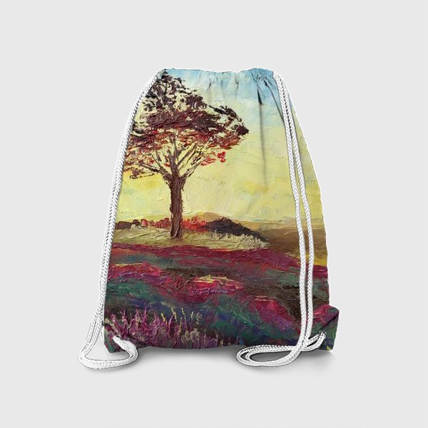 Рюкзак «Закат в провансе. Пейзаж с деревом, лавандовыми полями и закатным небом»