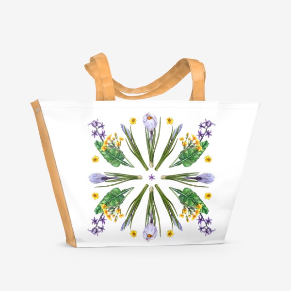 Пляжная сумка «Весенние цветы. Примула, гиацинт, крокус.»