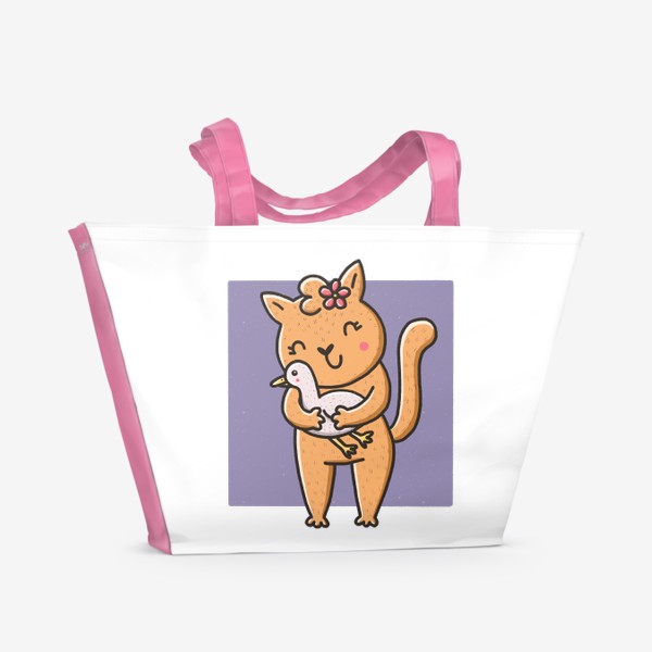 Пляжная сумка &laquo;Милая кошка обнимает гуся. Добро, любовь, обнимашки &raquo;