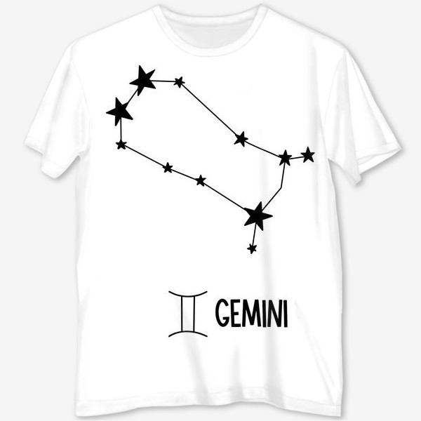 Футболка с полной запечаткой «знак созвездия с знаком и словом Близнецы, the sign of the constellation with the sign and the word Gemini»