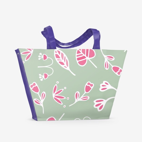 Пляжная сумка «Розовые листочки, цветочки на зеленом фоне»